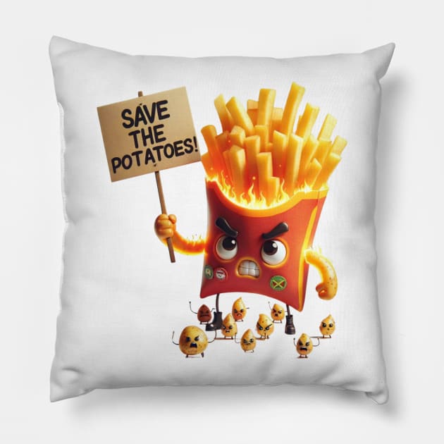 Revolutionary Fries – Save the Spuds Protest Sticker Pillow by vk09design