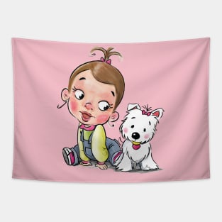 Little girl and westie puppy Tapestry