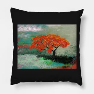 Abstract landscape with colorful flamboyand tree Pillow