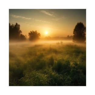 Sunrise over a green meadow fog rises in the summer T-Shirt