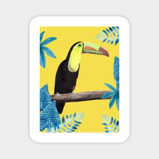 Toucan with tropical leaves and a yellow background Magnet