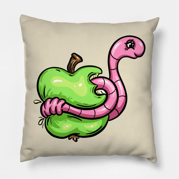 Worm in an Apple Cartoon Character Illustration Pillow by Squeeb Creative