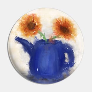 An Artistic Painting of a Blue Watering Can with 2 Orange Flowers Pin