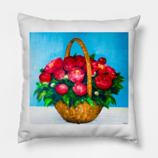 Bouquet of red peonies on a background of blue sky Pillow