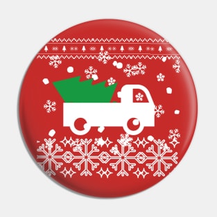 Ugly Christmas sweater design with a truck and Christmas tree Pin