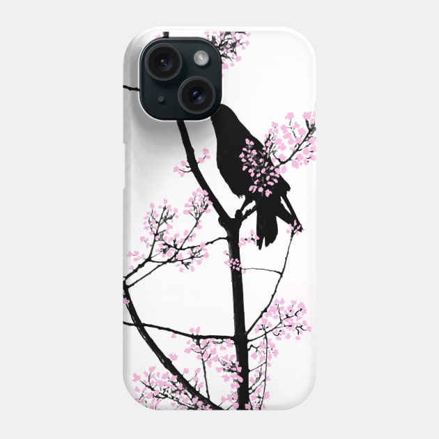 Cherry Blossom Raven - Bird on a Tree Branch Phone Case by RhondaChase