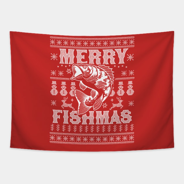 Merry Fishmas Funny Xmas Fishing - Ugly Christmas Sweater Tapestry by OrangeMonkeyArt