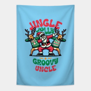 Uncle - Holly Jingle Jolly Groovy Santa and Reindeers in Ugly Sweater Dabbing Dancing. Personalized Christmas Tapestry