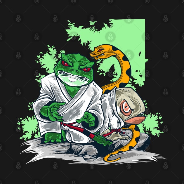 Crazy Kung fu Frog Snake and Fish Graphic Print by DanDesigns