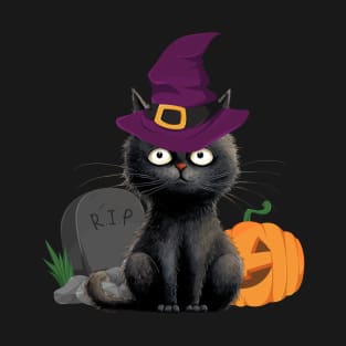 Black Cat With Witch Hat T-Shirt