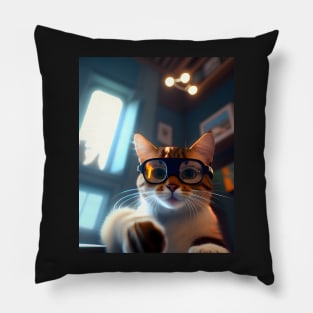 Adorable Kitten with Glasses - Modern Digital Art Pillow