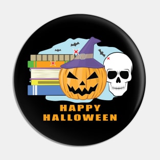 Happy Reading Halloween - Spooky Skull, Pumpkin & Books Pin