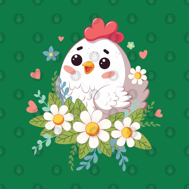 Happy kawaii chicken with flowers by AnnArtshock