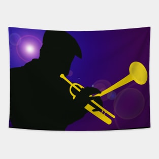 Silhouette of a Trumpet Player on a Blue / Purple Background Tapestry