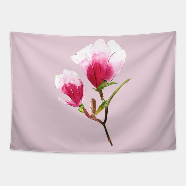 Magnolia Flowers Watercolor Painting Tapestry by Ratna Arts