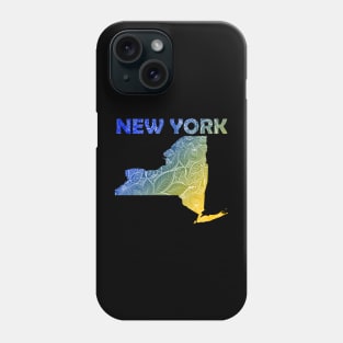 Colorful mandala art map of New York with text in blue and yellow Phone Case