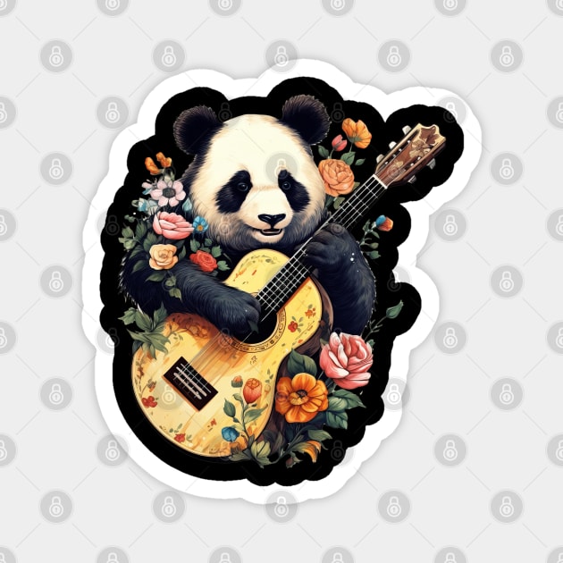 Cute Cottagecore Aesthetic Panda Playing Guitar Floral Magnet by EVCO Smo