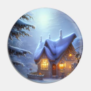 Magical Fantasy Cottage with Lights In A Snowy Scene, Scenery Nature Pin