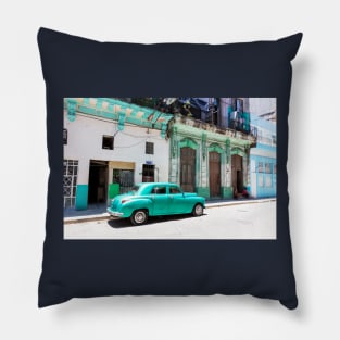 Green Car, Old Havana, Cuba Pillow