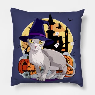 Devon Rex Cat Funny Halloween Witch Pumpkin Pillow