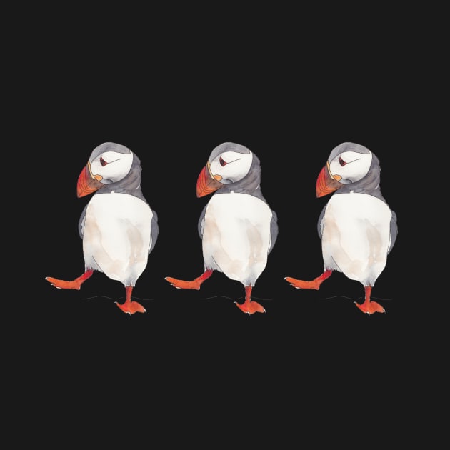 3 Dancing puffins watercolor illustration by kittyvdheuvel
