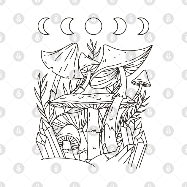 Cottagecore Mushroom Moon Phases Line Art by DRIPCRIME Y2K