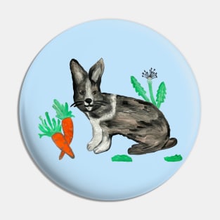 Rabbit with Carrots and Dandelions Blue Paintin Pin