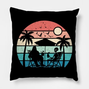 Bigfoot Sasquatch With Alien Friend Retro Tropical Sunset Beach Pillow