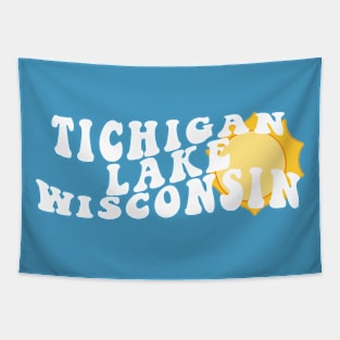 Sunshine in Tichigan Lake Wisconsin Retro Wavy 1970s Summer Text Tapestry