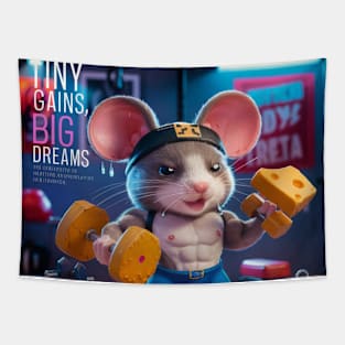 A muscular mouse wearing tiny weights, lifting a cheese dumbbell Tapestry