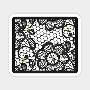 Black and White Flowers and Bees Magnet