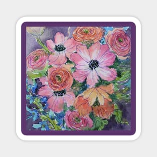 Poppies and Anemones Watercolor Painting Magnet