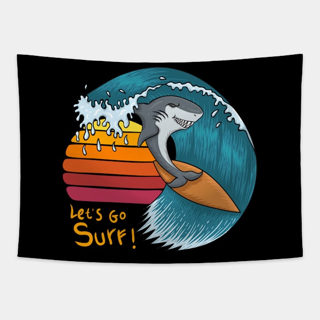 Surfing shark sunset - Let's go surf Tapestry by BB Funny Store