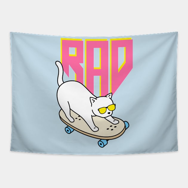 Rad White Cat on Skateboard - Silly Design Tapestry by Flourescent Flamingo