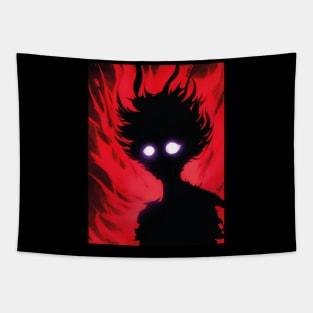 A red black shadow in an anime style with red eyes and flames behind it. Tapestry