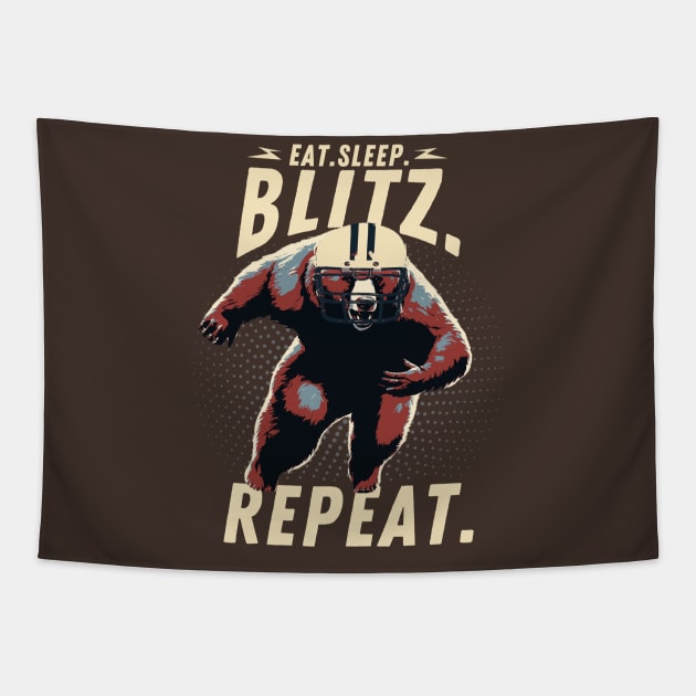 Eat Sleep Blitz Repeat Bear Football Player Tapestry by DesignArchitect