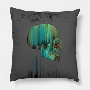 Green Glitch Skull Pillow