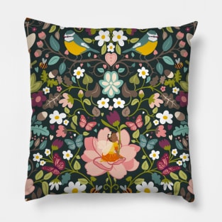 Flower fairies in a secret woodland glade on forest green Pillow