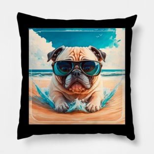 Pug on beach Pillow