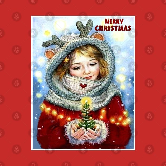 Merry Christmas Young Girl holding a Xmas Tree Vintage Print by posterbobs