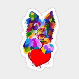 Colorful Dog Hugging Dripping Heart. Magnet