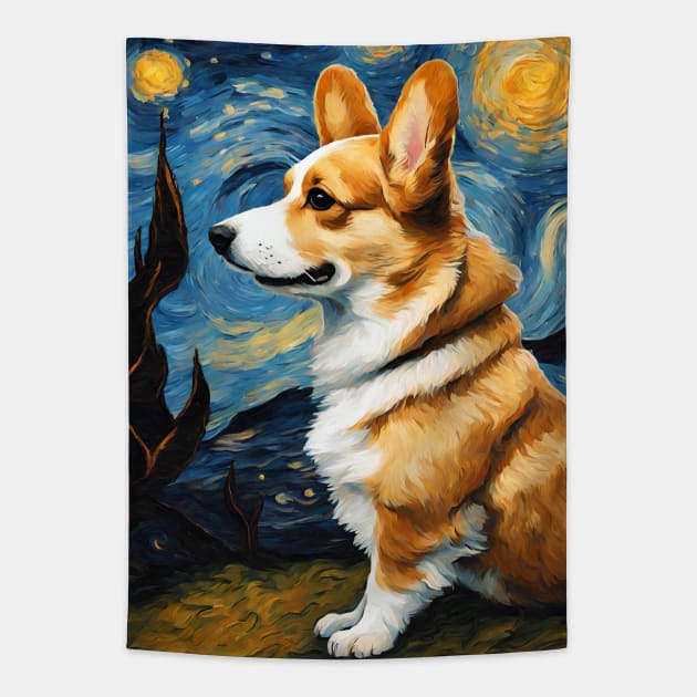 Pembroke Welsh Corgi Dog Breed Painting in a Van Gogh Starry Night Art Style Tapestry by Art-Jiyuu