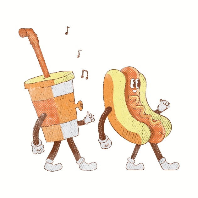 Vintage Soda & Hotdog illustration cartoon, movie time snacks,  kawaii drawing by bigraydesigns