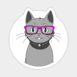 Cute Grey Cat with Nerdy Pink Glasses - Anime Shirt Magnet