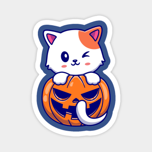 Cute Cat With Pumpkin Halloween Cartoon Magnet