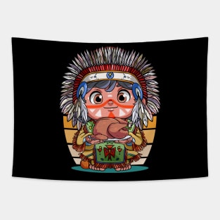 Funny Thanksgiving Native American Boy Pumpkin Turkey Tapestry