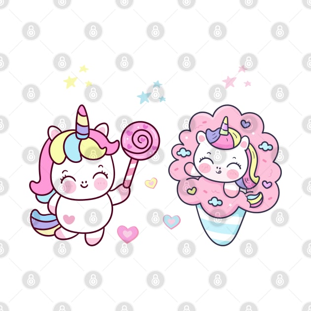 2 Cute Little Unicorns With Stars, Hearts, And Sweets by teezeedy