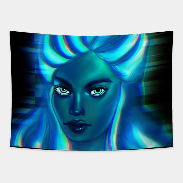 Neon Blue Hair woman Tapestry by galaxieartshop