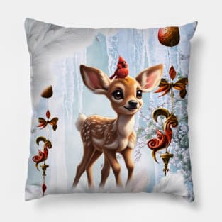 Cute fawn with bird in a winterlandscape Pillow