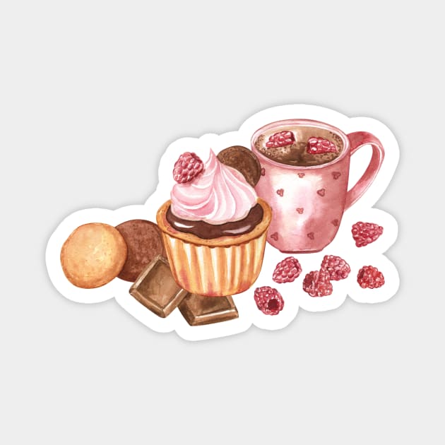 Cupcake and hot chocolate watercolor Magnet by Flowersforbear